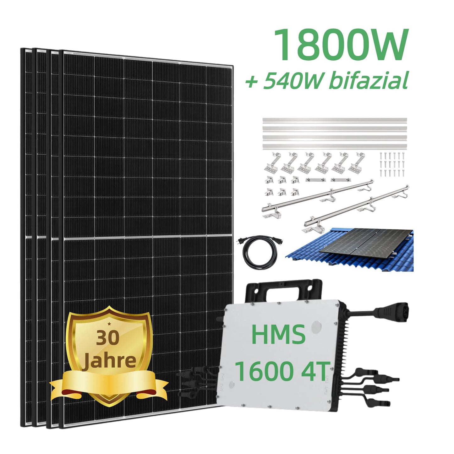 1800W Balkonkraftwerk Komplettset mit JA Solar Bifazial Glas Glas Solarmodul und Hoymiles HMS-1600-4T und 5 Meter Kabel - 0% MwSt. (gem. § 12 Abs. 3 UStG)