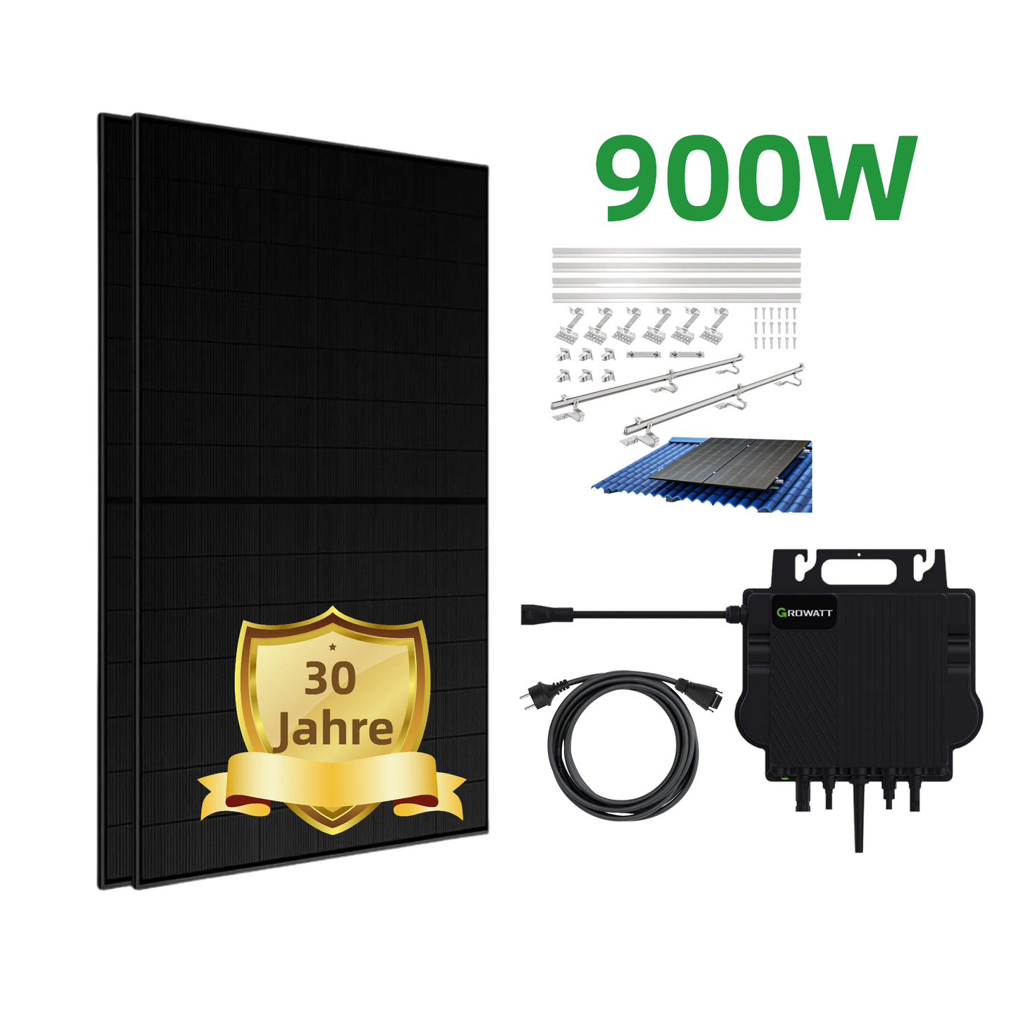 900W Balkonkraftwerk Komplettset mit Fullblack Bifazial Glas Glas Solarmodul und Growatt NEO 800M-X - 0% MwSt. (gem. § 12 Abs. 3 UStG)