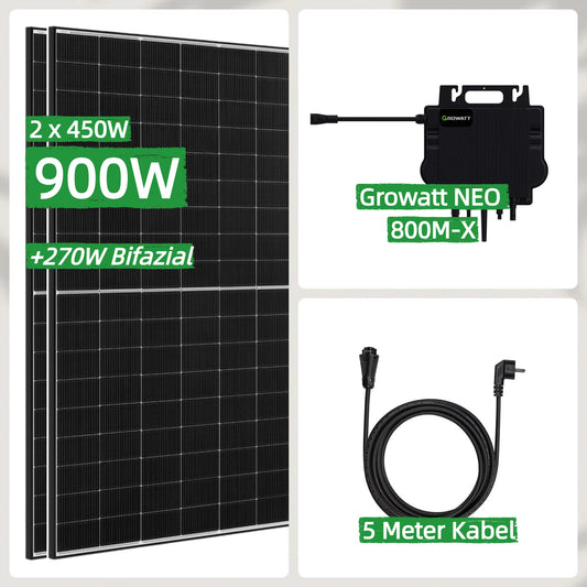 900W Balkonkraftwerk Komplettset mit JA Solar Bifazial Glas Glas Solarmodul und Growatt NEO 800M-X und 5 Meter Kabel - 0% MwSt. (gem. § 12 Abs. 3 UStG)
